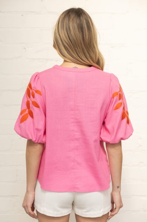 Floral Embroidered Bubble Sleeve V-Neck Top