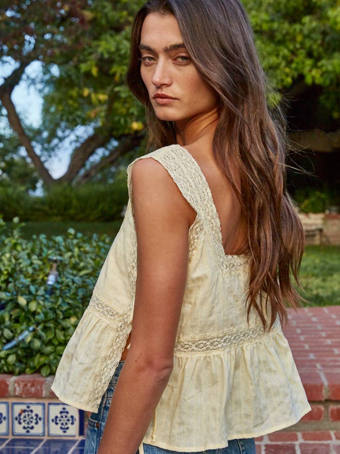 Floral Embroidered Square Neck Apron Top with Lace Trim