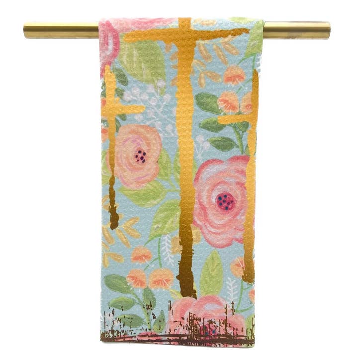 Floral Golden Crosses Tea Towel