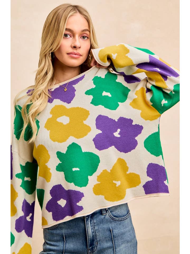 Floral Pattern Mardi Gras Sweater
