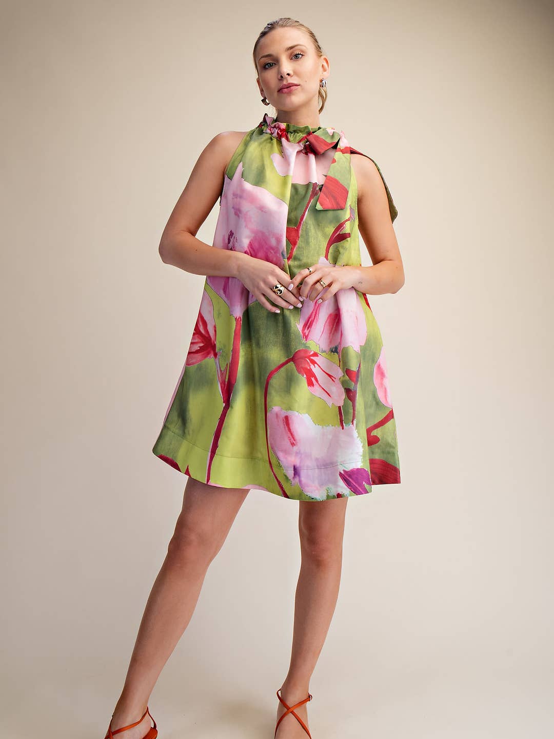 Floral Print Ruffle Tie Neck Sleeveless Mini Dress