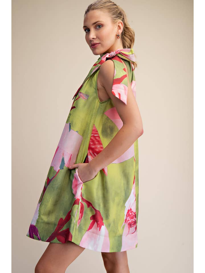 Floral Print Ruffle Tie Neck Sleeveless Mini Dress