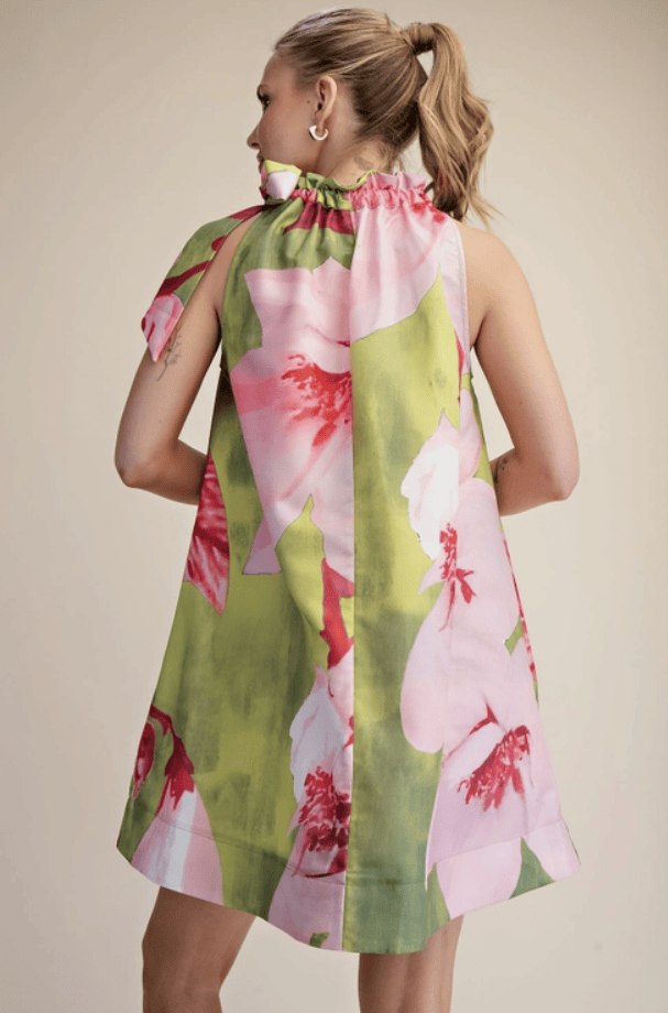 Floral Print Ruffle Tie Neck Sleeveless Mini Dress