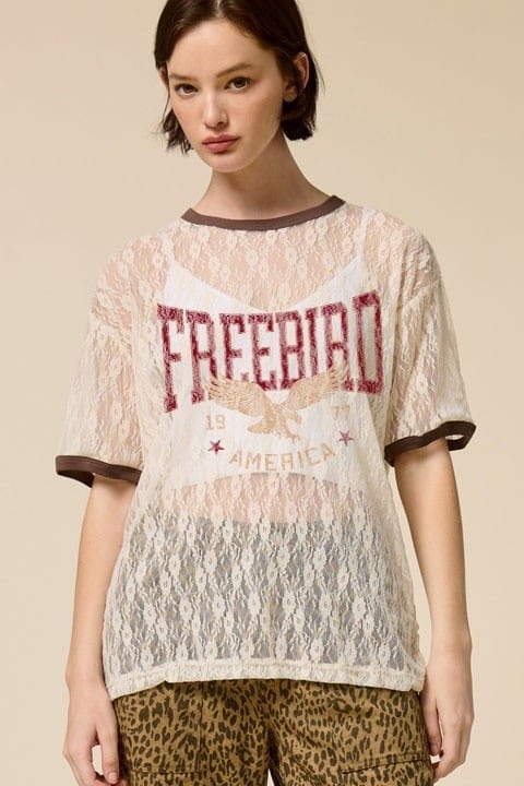Free Bird America 1977 Graphic Lace Top with Contrast Trim