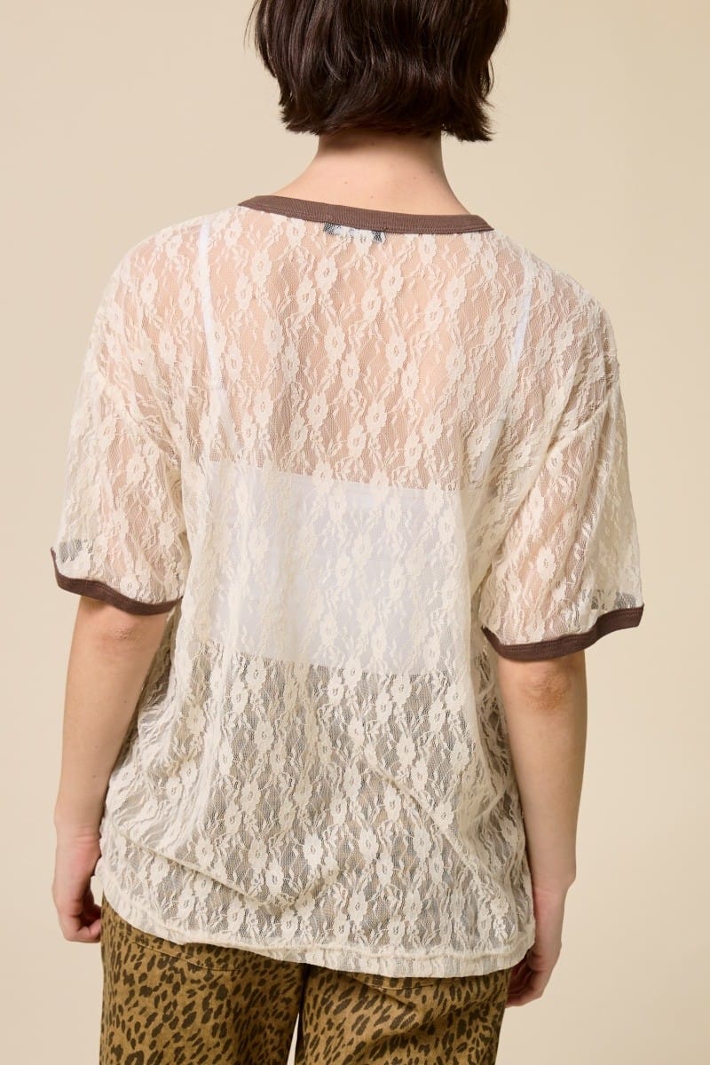 Free Bird America 1977 Graphic Lace Top with Contrast Trim