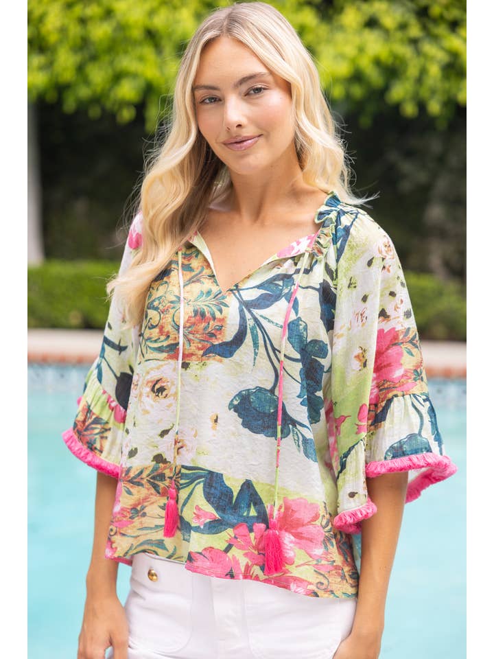 Fringe Trimmed Flared Sleeve Floral Top