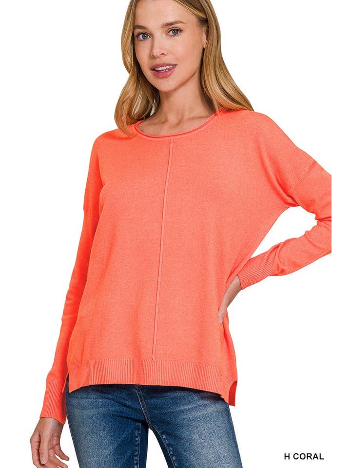 Front Seam Round Neck Knit Sweater in Coral
