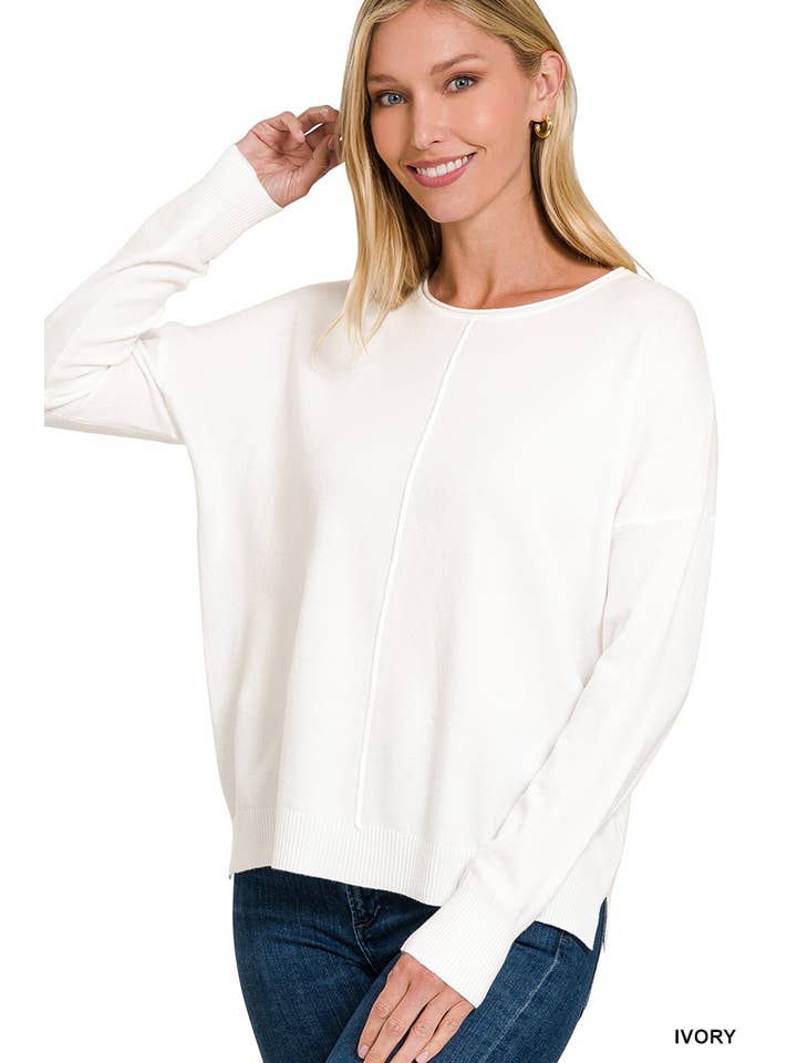 Front Seam Round Neck Knit Sweater in Ivory