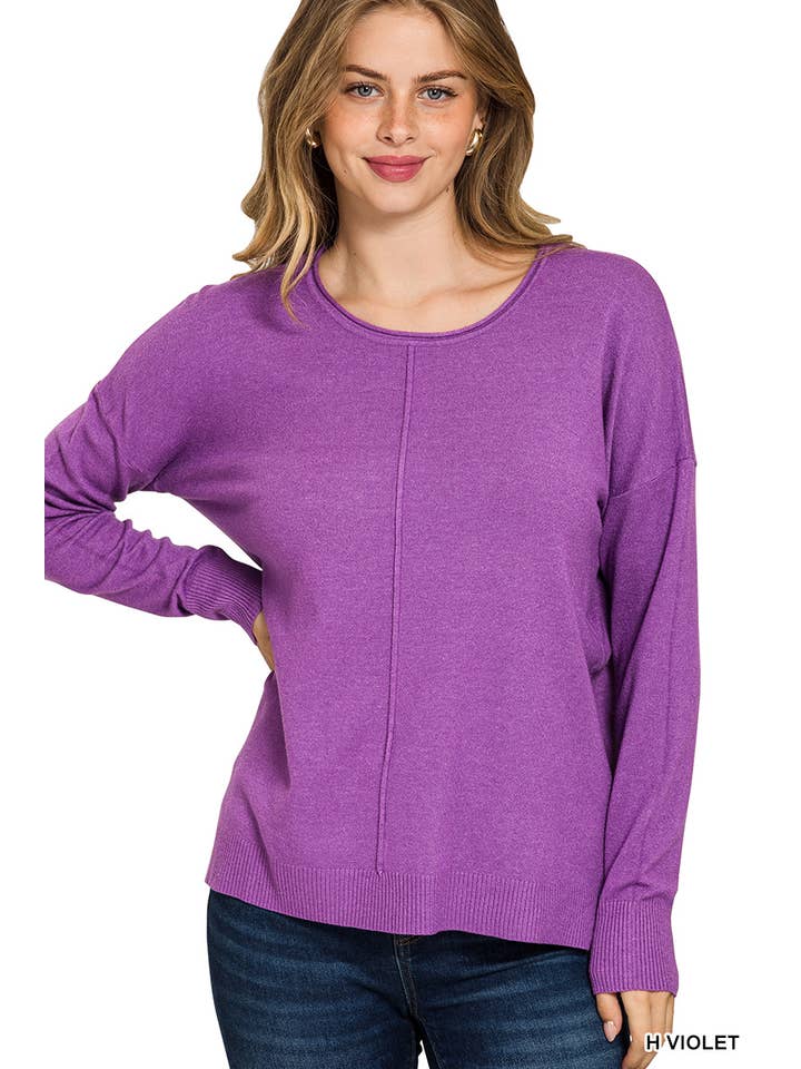 Front Seam Round Neck Knit Sweater in Violet