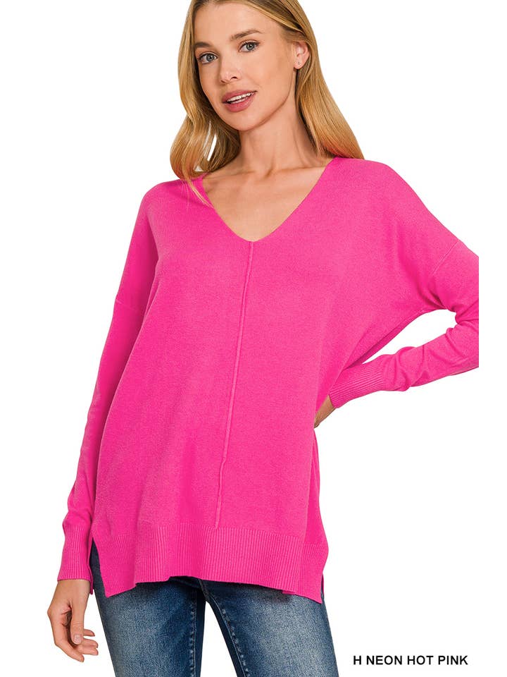 hotpink v neck sweater with side slit