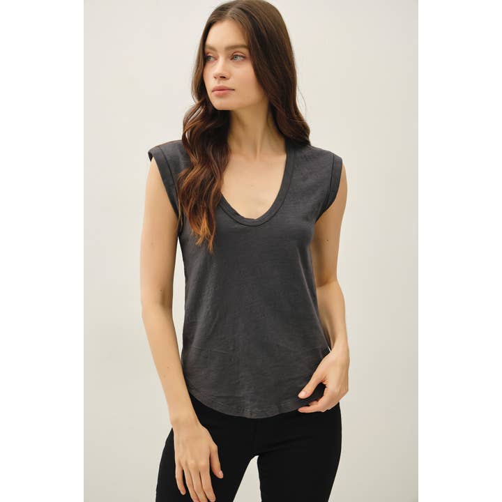 Be Cool Garment Dyed Scoop V-Neck Cap Sleeve Top in Charcoal - Little Miss Muffin Children & Home