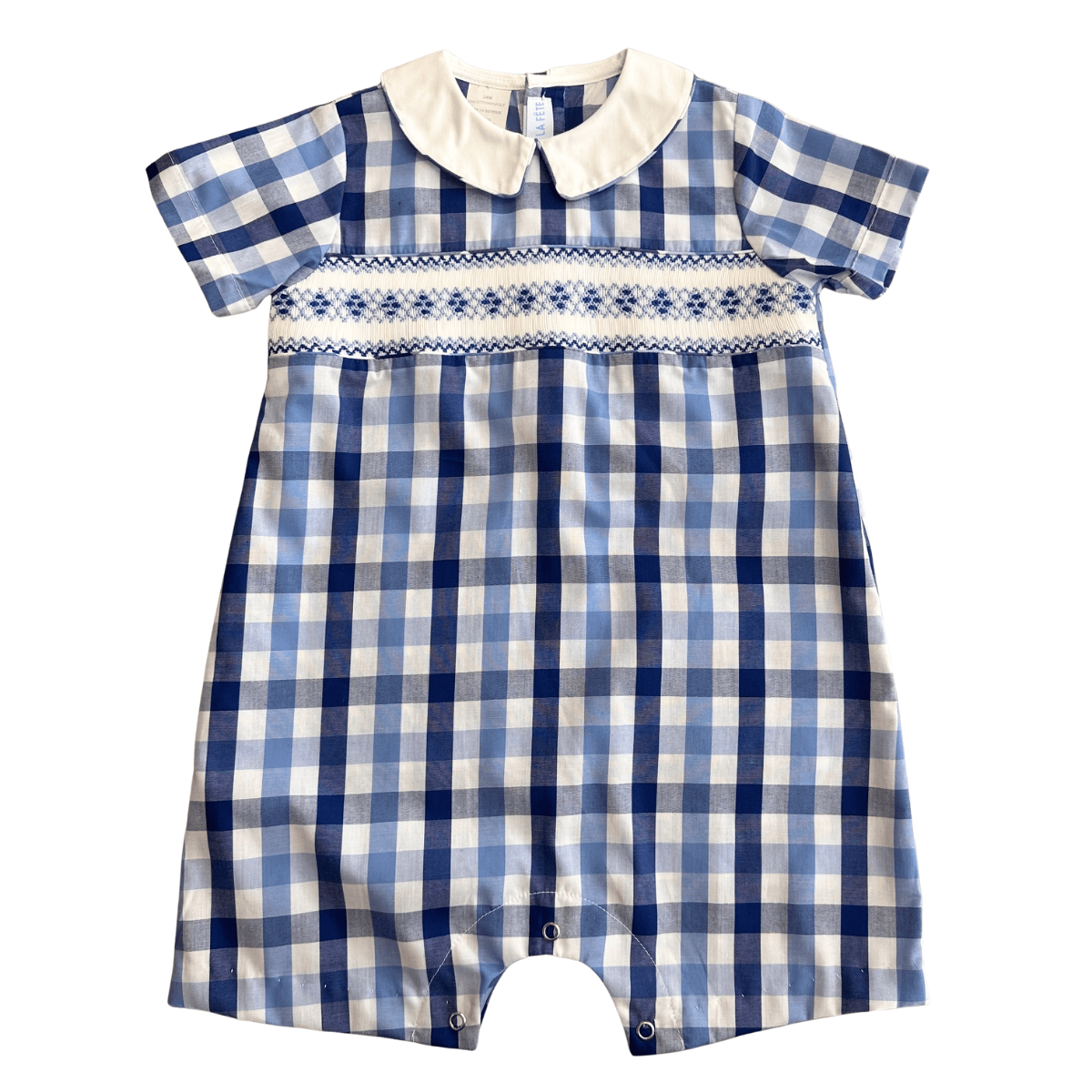 Geometric Blue Smocked Navy Royal and White Plaid Boys Bubble Short Sleeve