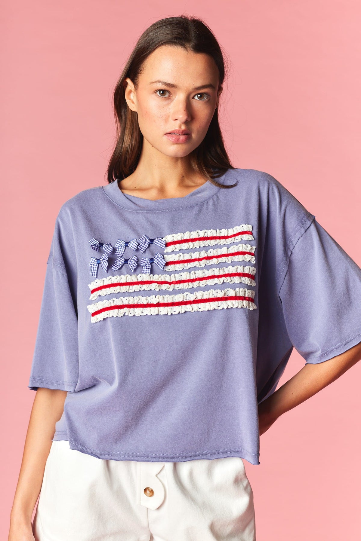 Gingham Bow American Flag Oversized Tee