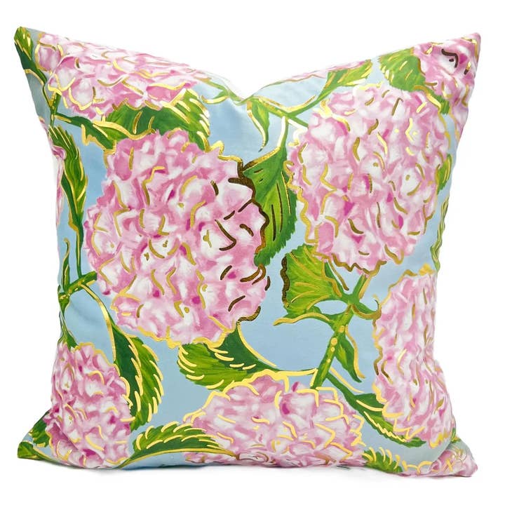 Gold Foil Pink and Blue Hydrangeas Velvet Pillow