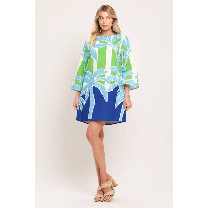 Green Blue Palm Tree Tropical Printed Woven Mini Dress