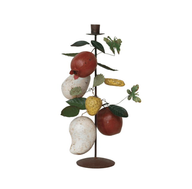 Hand-Painted Metal Vintage Reproduction Toleware Taper Holder with Fruit, Leaves & Butterflies