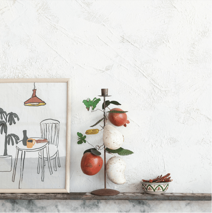 Hand-Painted Metal Vintage Reproduction Toleware Taper Holder with Fruit, Leaves & Butterflies