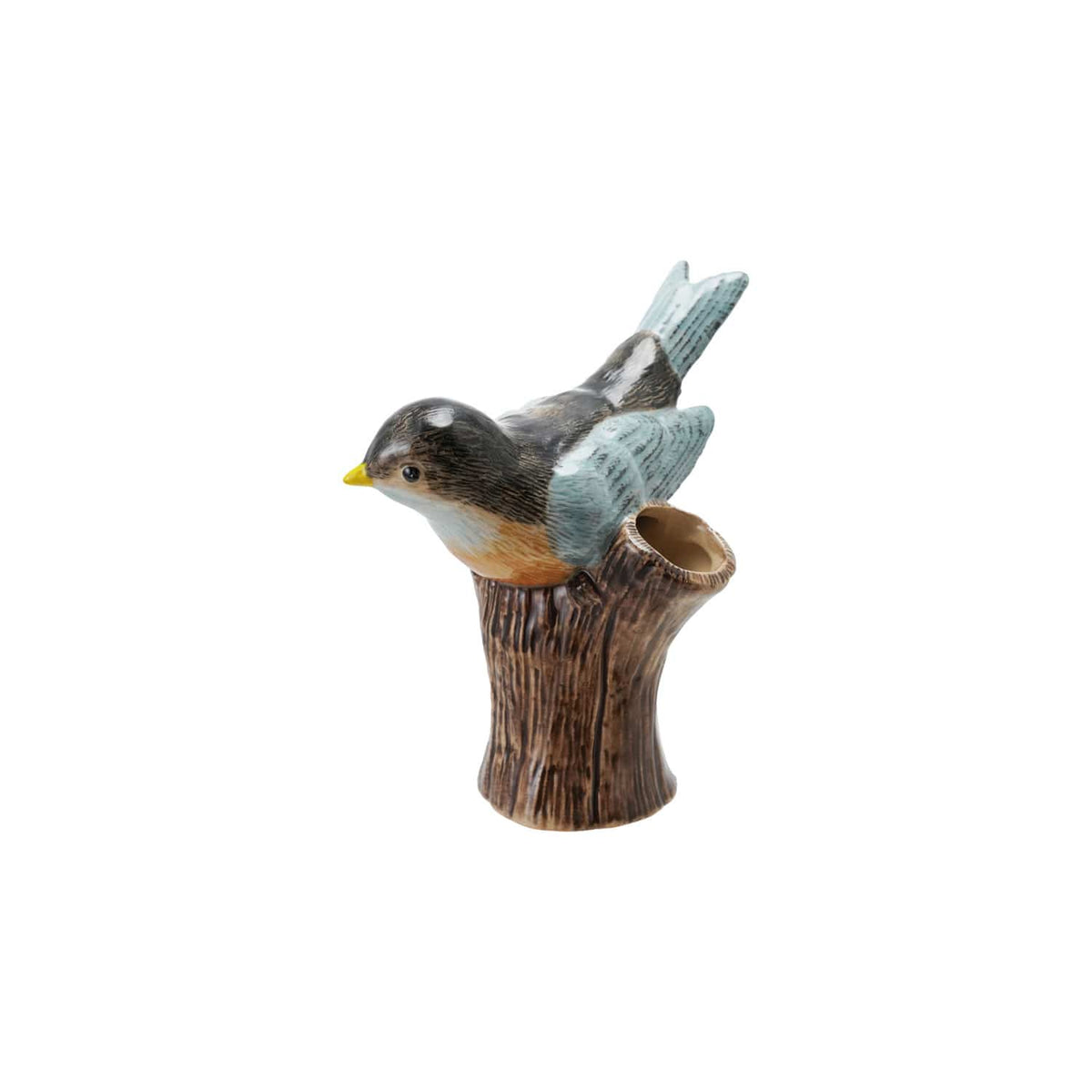 Hand-Painted Stoneware Bird on Log Shaped Vase