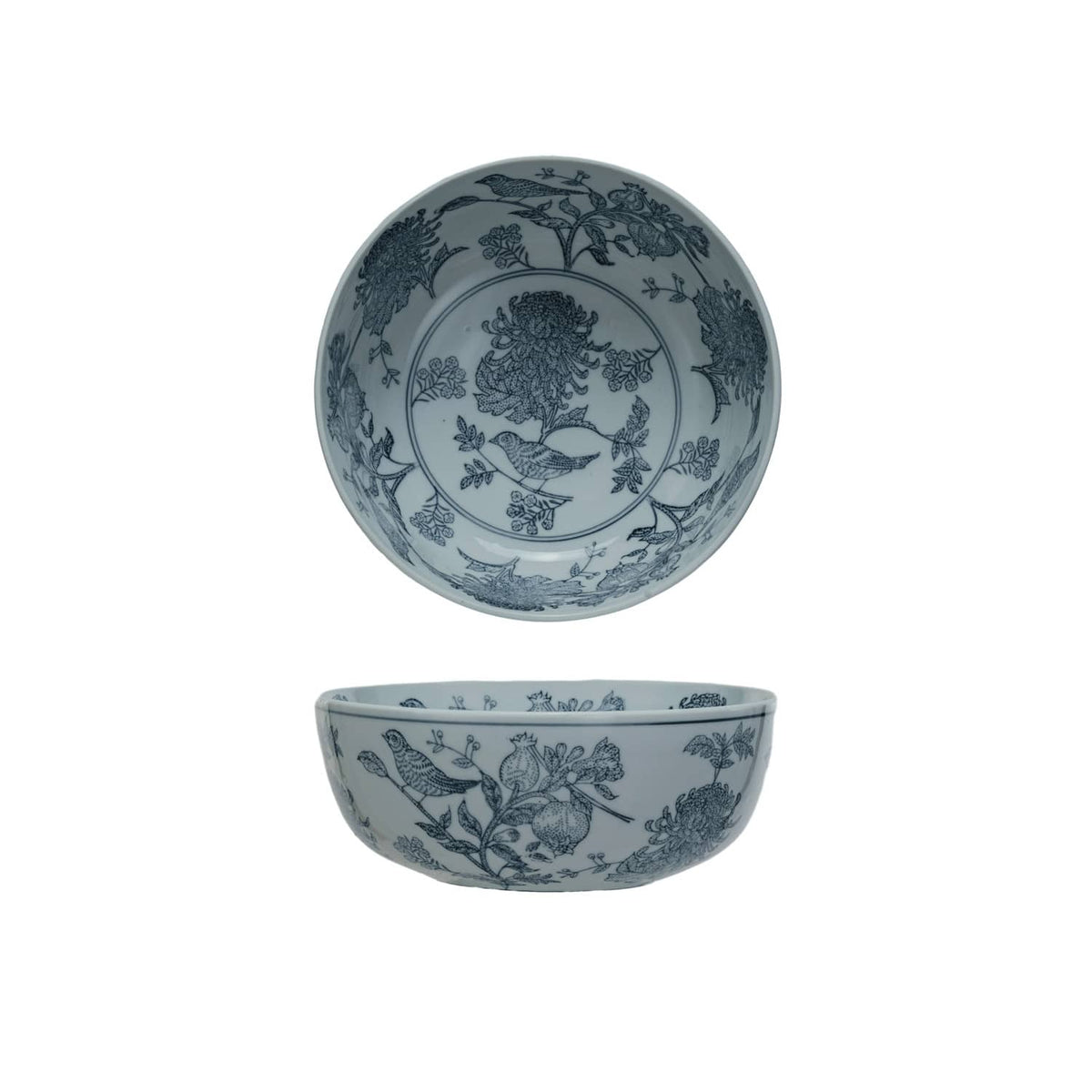 Hand-Stamped Stoneware Bowl with Birds & Botanicals