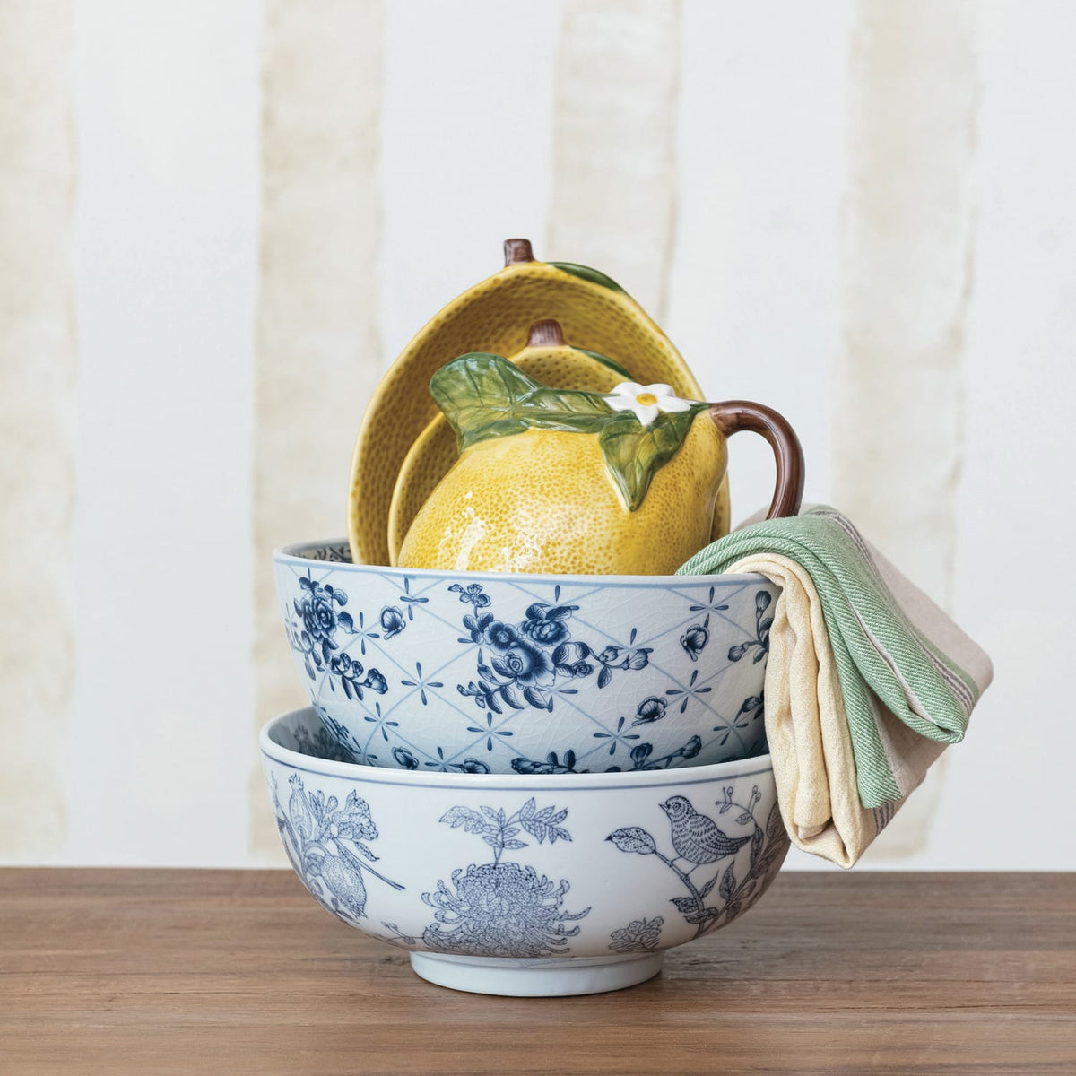 Hand-Stamped Stoneware Bowl with Birds & Botanicals