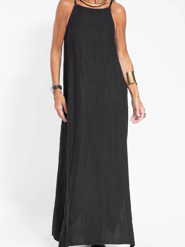High Neck Cami Gauze Maxi Dress in Black