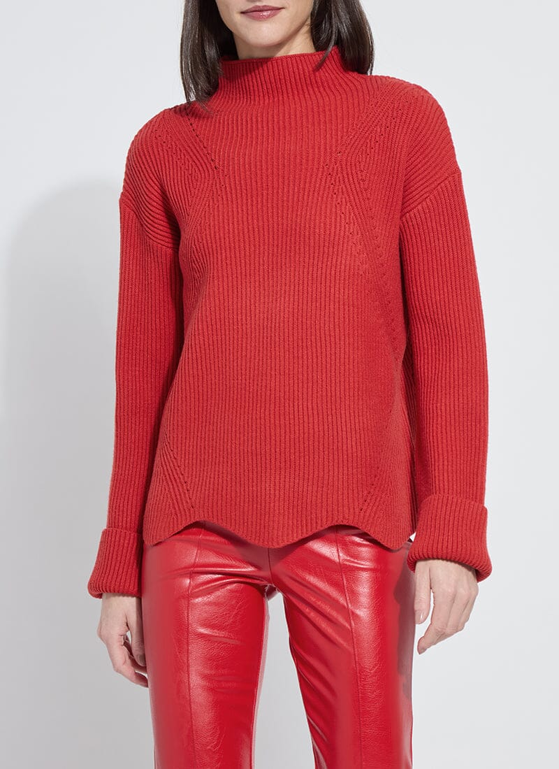 red scalloped edge sweater