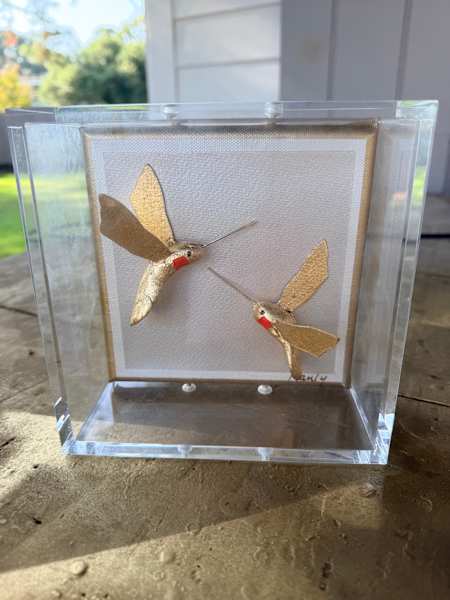 Gold Hummingbird Red Throat 6x6 in Shadowbox