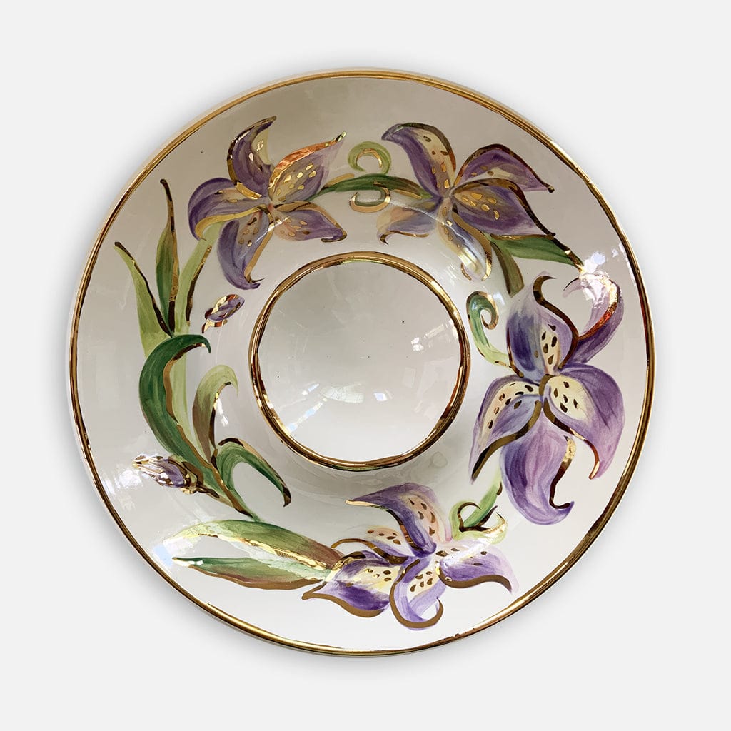 Magnolia Creative Co Iris Chip and Dip, hand-painted purple iris with 22k gold
