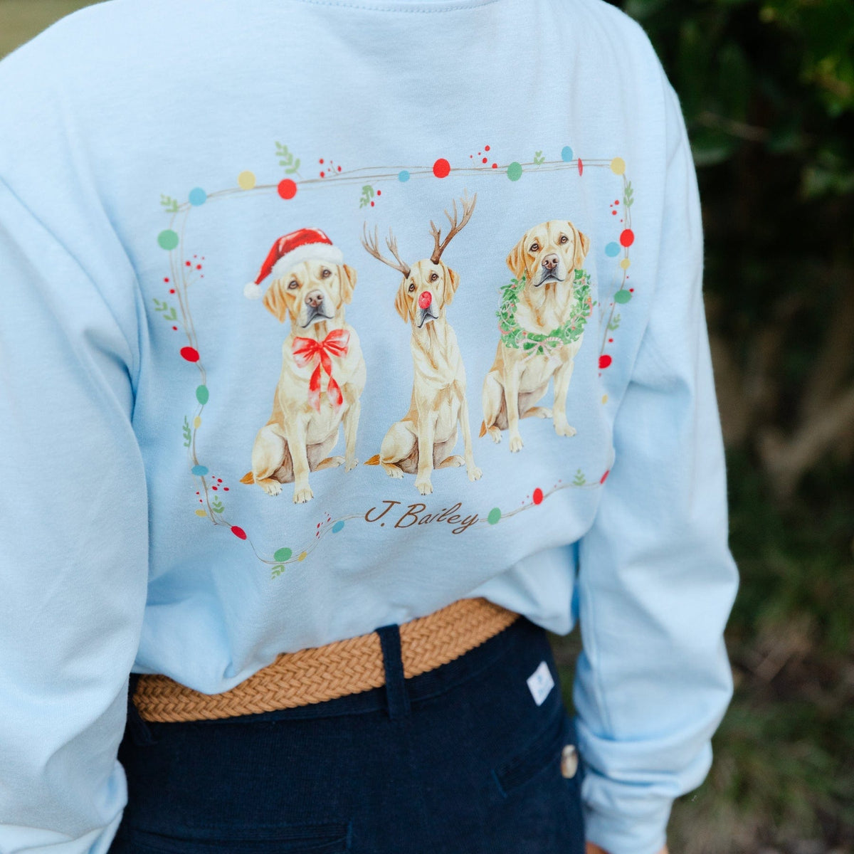 Bailey Boys Long Sleeve Logo Tee, Christmas Labs on Light Blue - Little Miss Muffin Children & Home