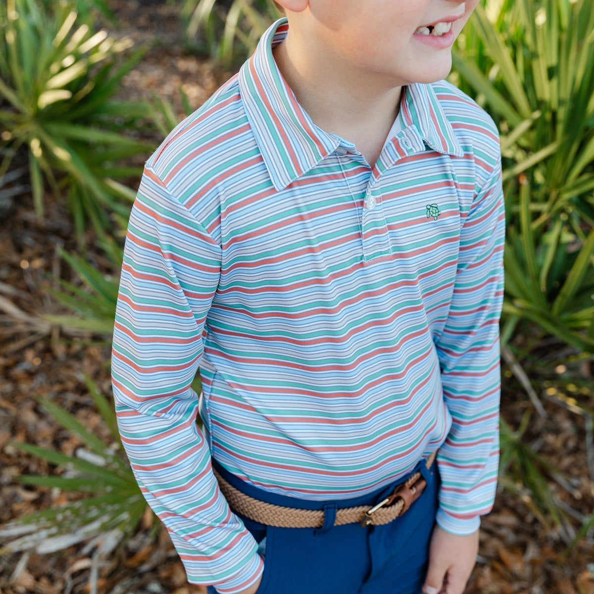 Bailey Boys Harry Long Sleeve Striped Performance Polo in Hazel - Little Miss Muffin Children & Home