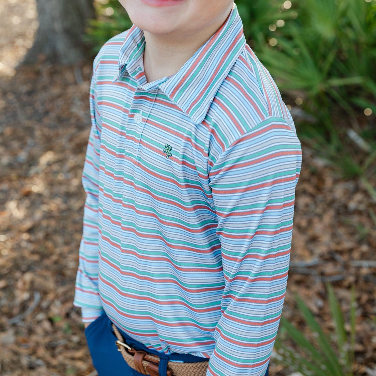 Bailey Boys Harry Long Sleeve Striped Performance Polo in Hazel - Little Miss Muffin Children & Home