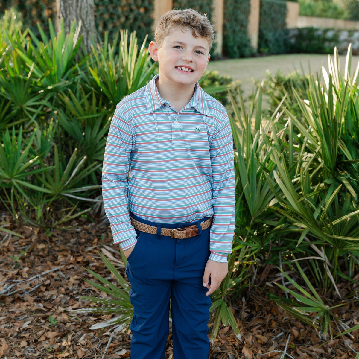 Bailey Boys Harry Long Sleeve Striped Performance Polo in Hazel - Little Miss Muffin Children & Home