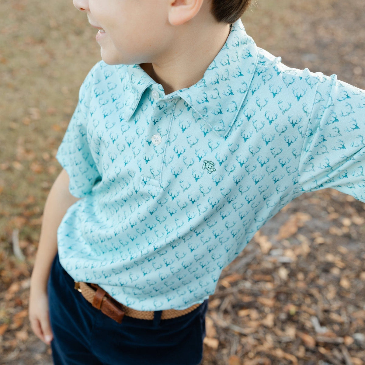 Bailey Boys Henry Short Sleeve Performance Polo, Antlers on Green - Little Miss Muffin Children & Home