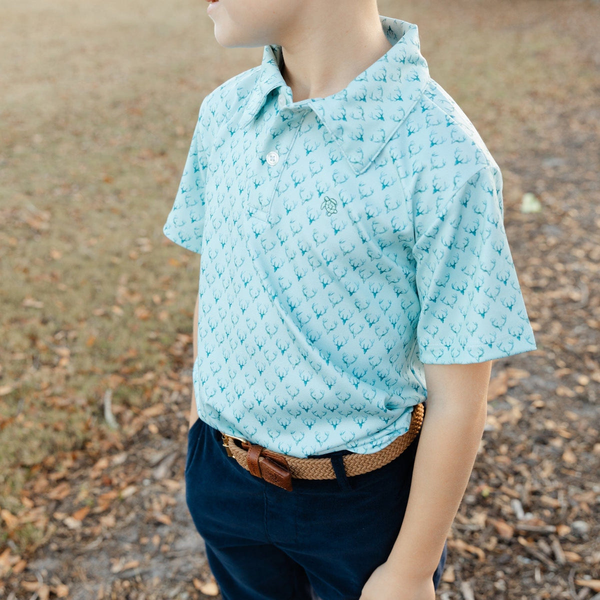 Bailey Boys Henry Short Sleeve Performance Polo, Antlers on Green - Little Miss Muffin Children & Home