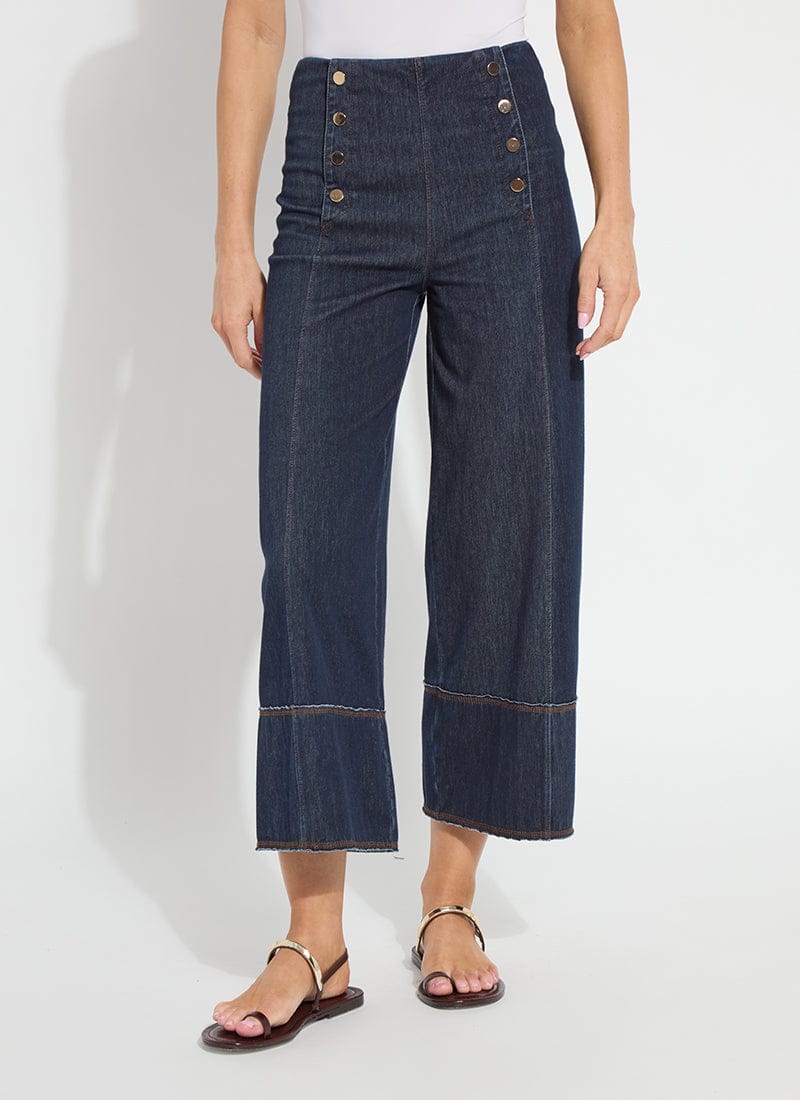 Kaia Indigo Wide Leg Denim Trousers with Brass Buttons