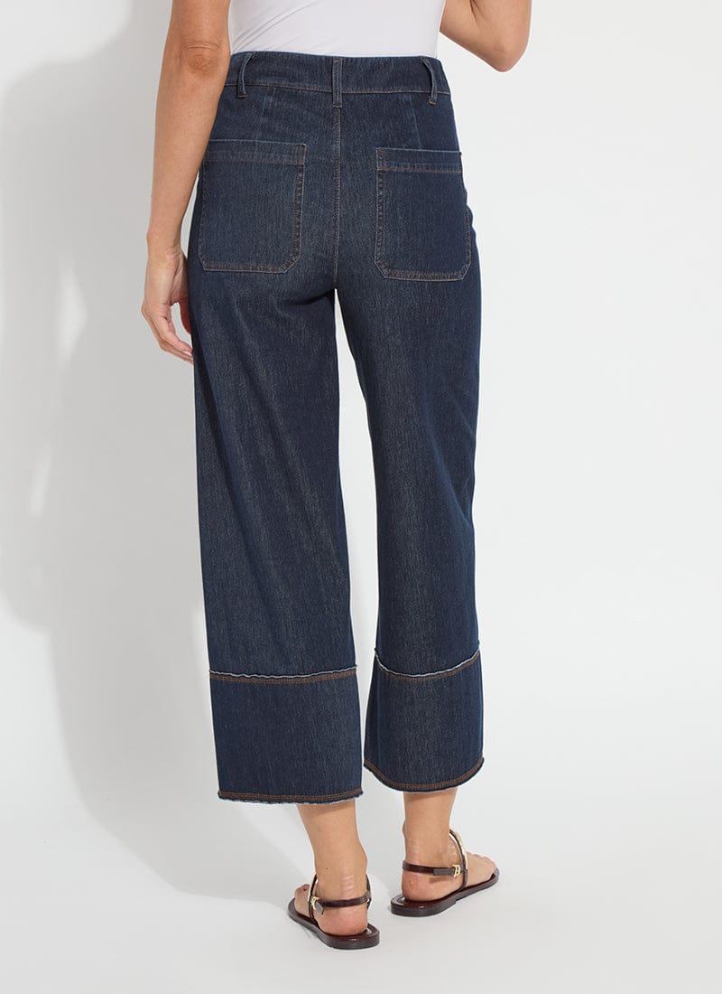 Kaia Indigo Wide Leg Denim Trousers with Brass Buttons