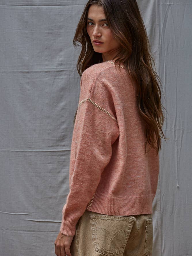 Knit Sweater with Contrast Stitch Detail in Dusty Coral