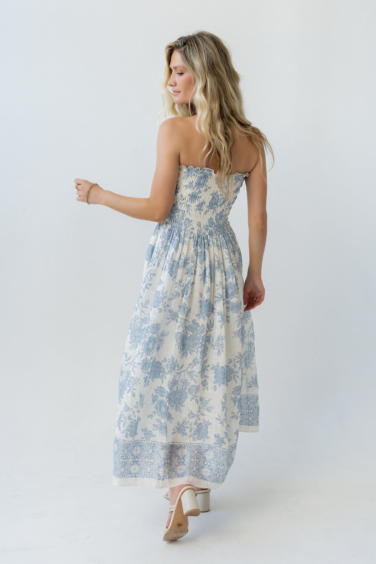 Ivory Blue Floral Smocked Strapless Midi Dress | By Together