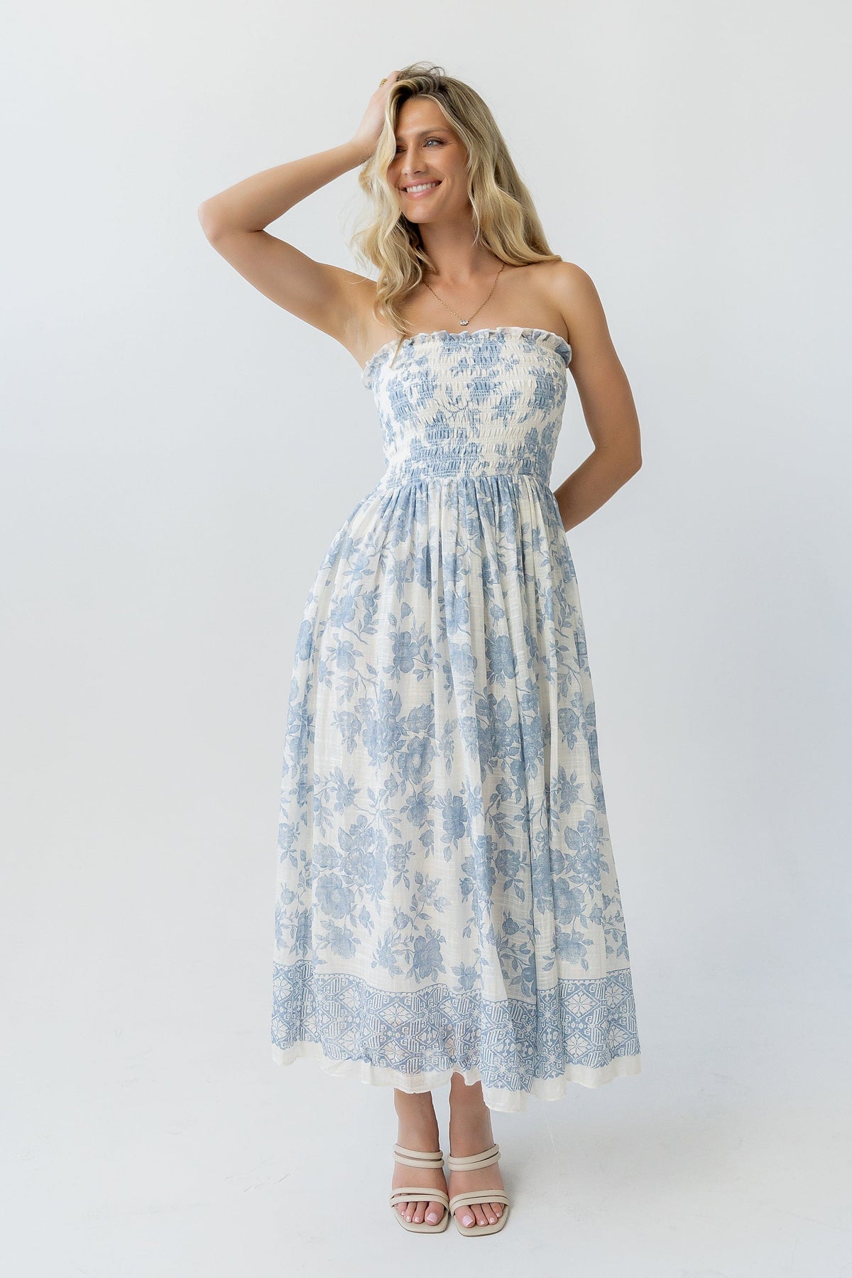 Ivory Blue Floral Smocked Strapless Midi Dress | By Together