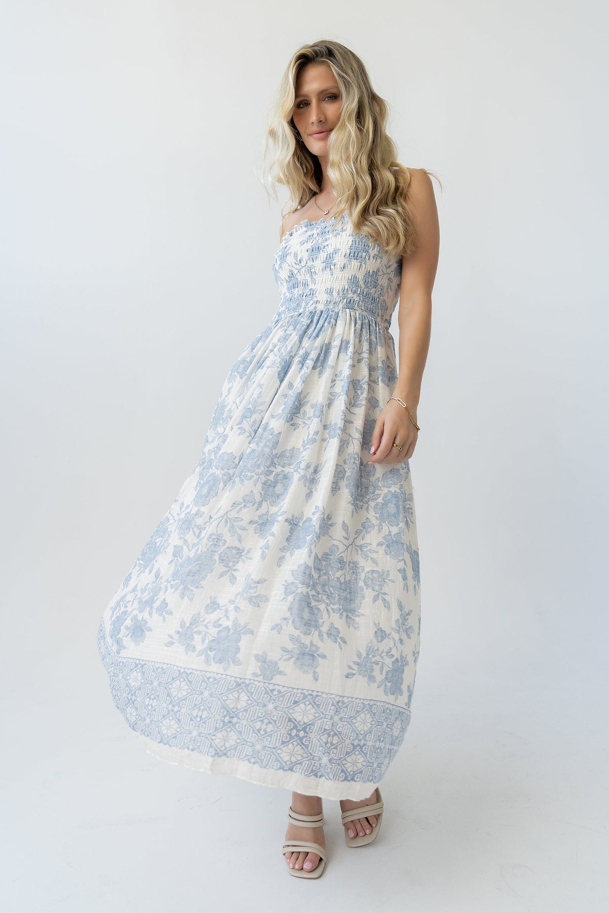 Ivory Blue Floral Smocked Strapless Midi Dress | By Together