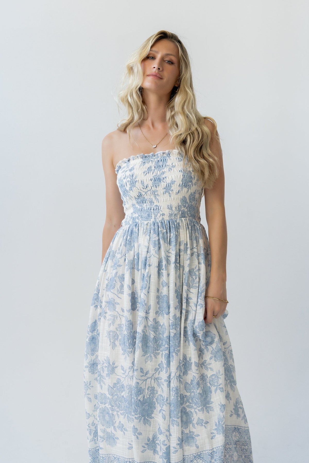 Ivory Blue Floral Smocked Strapless Midi Dress | By Together