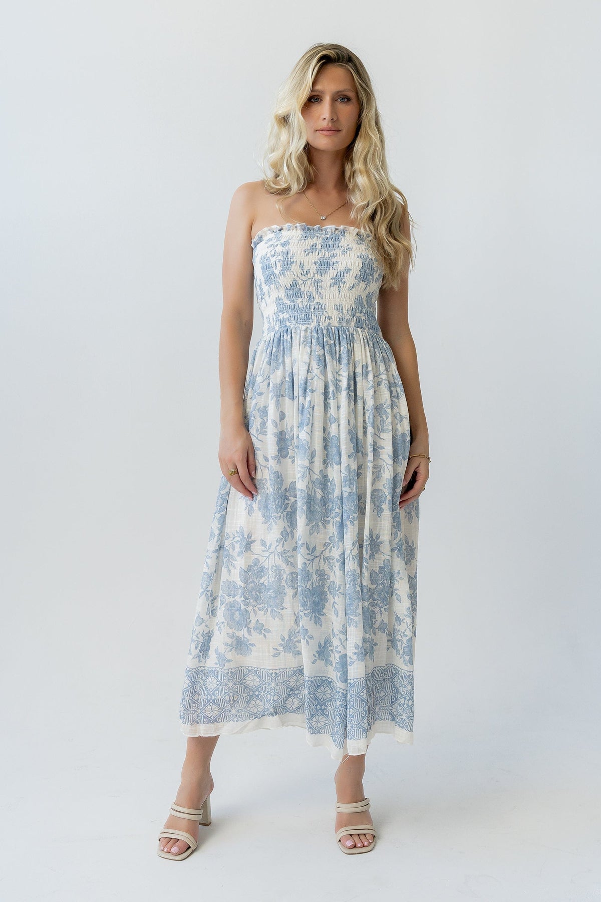 Ivory Blue Floral Smocked Strapless Midi Dress | By Together