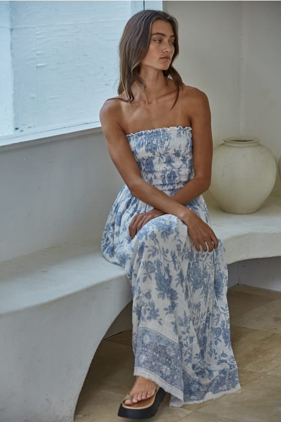 Ivory Blue Floral Smocked Strapless Midi Dress | By Together