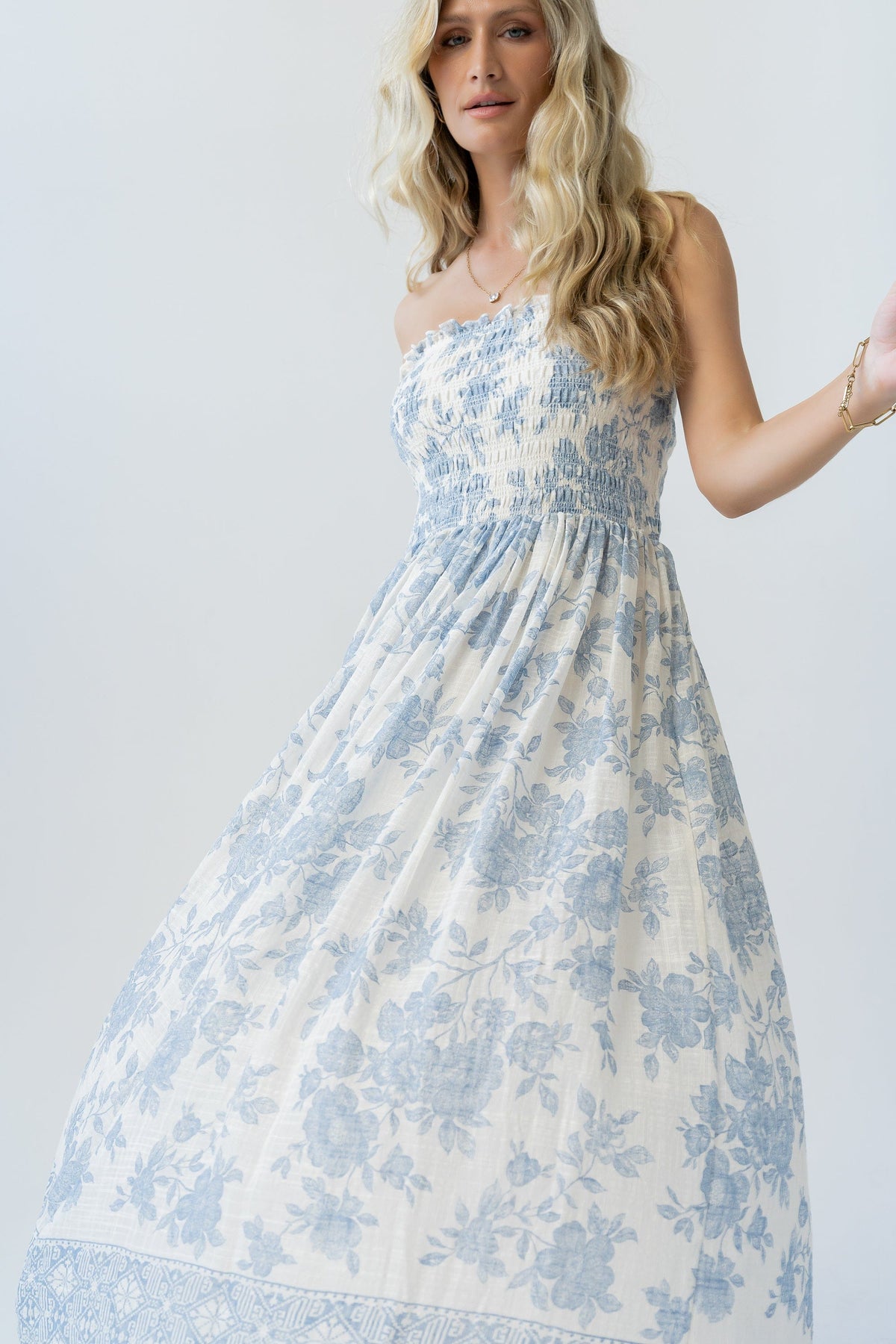 Ivory Blue Floral Smocked Strapless Midi Dress | By Together