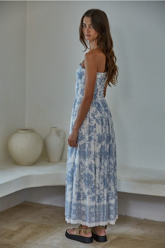 Ivory Blue Floral Smocked Strapless Midi Dress | By Together