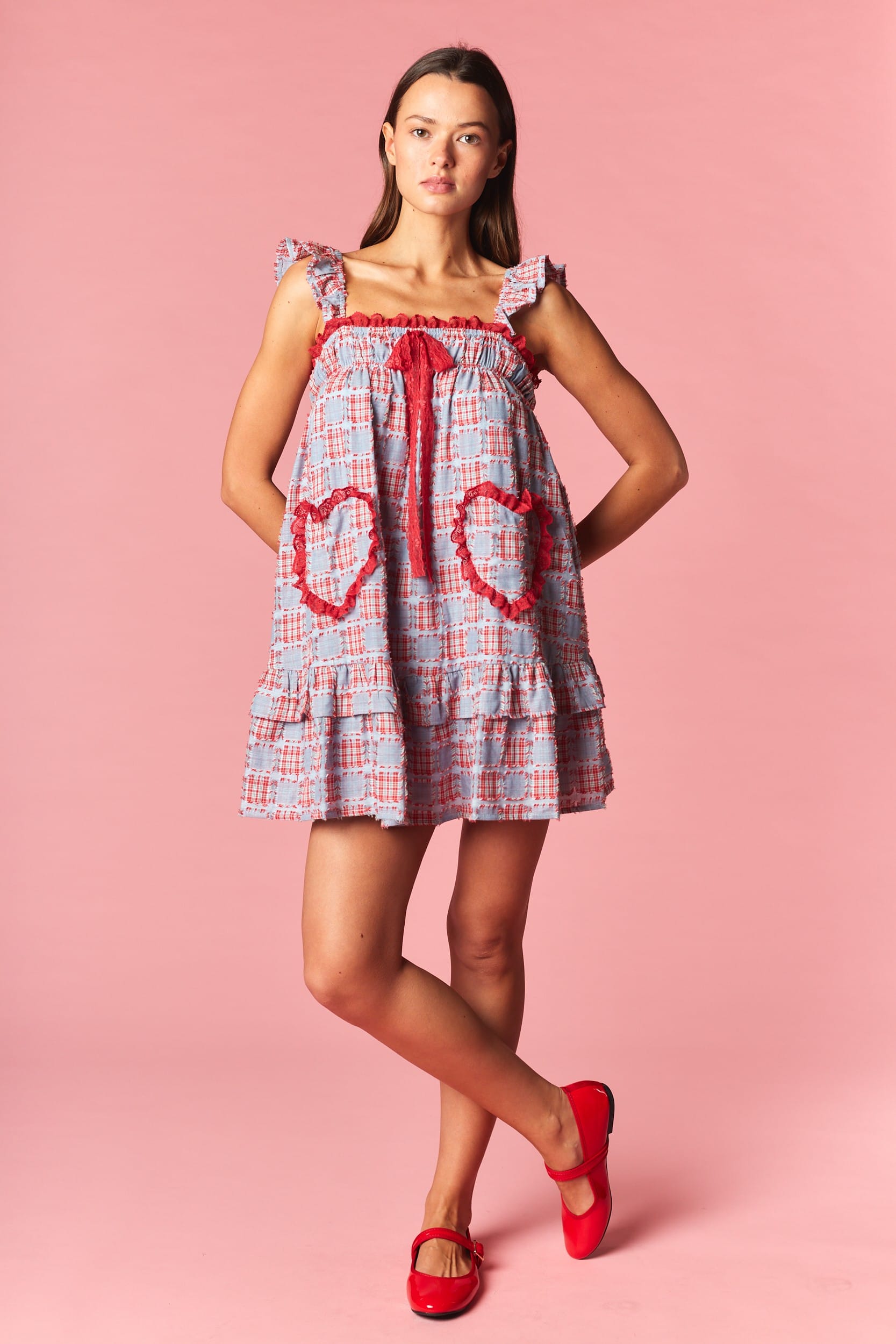 Lace Trimmed Plaid Babydoll Dress with Heart Pockets