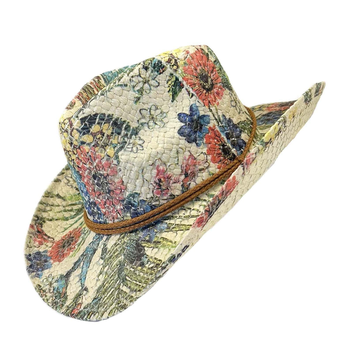 Large Pink & Violet Floral Print Straw Western Hat with Chin Cord