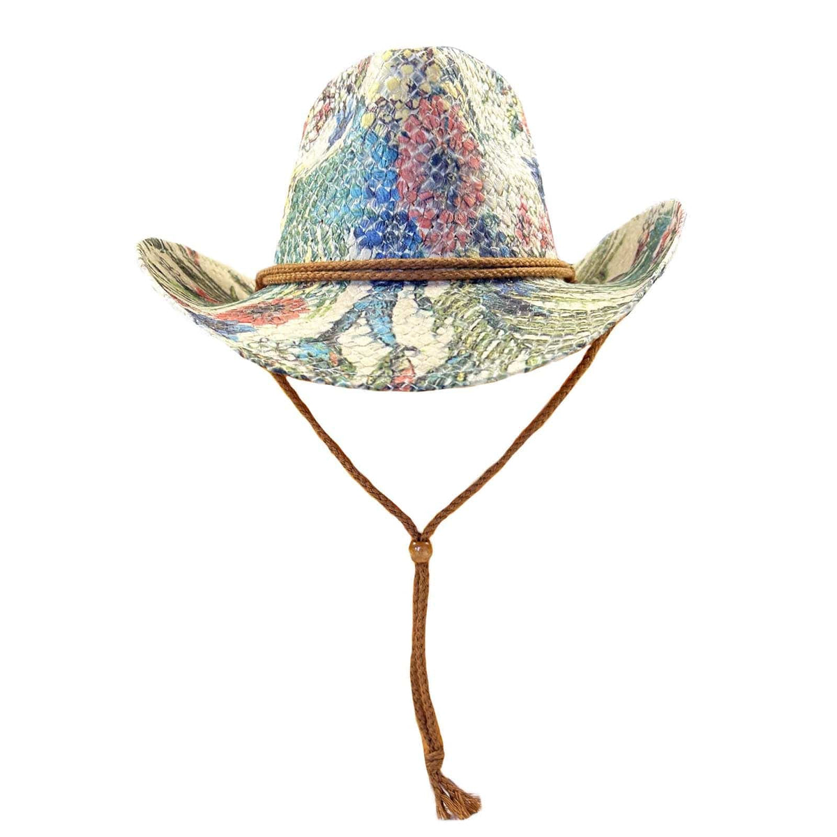 Large Pink & Violet Floral Print Straw Western Hat with Chin Cord