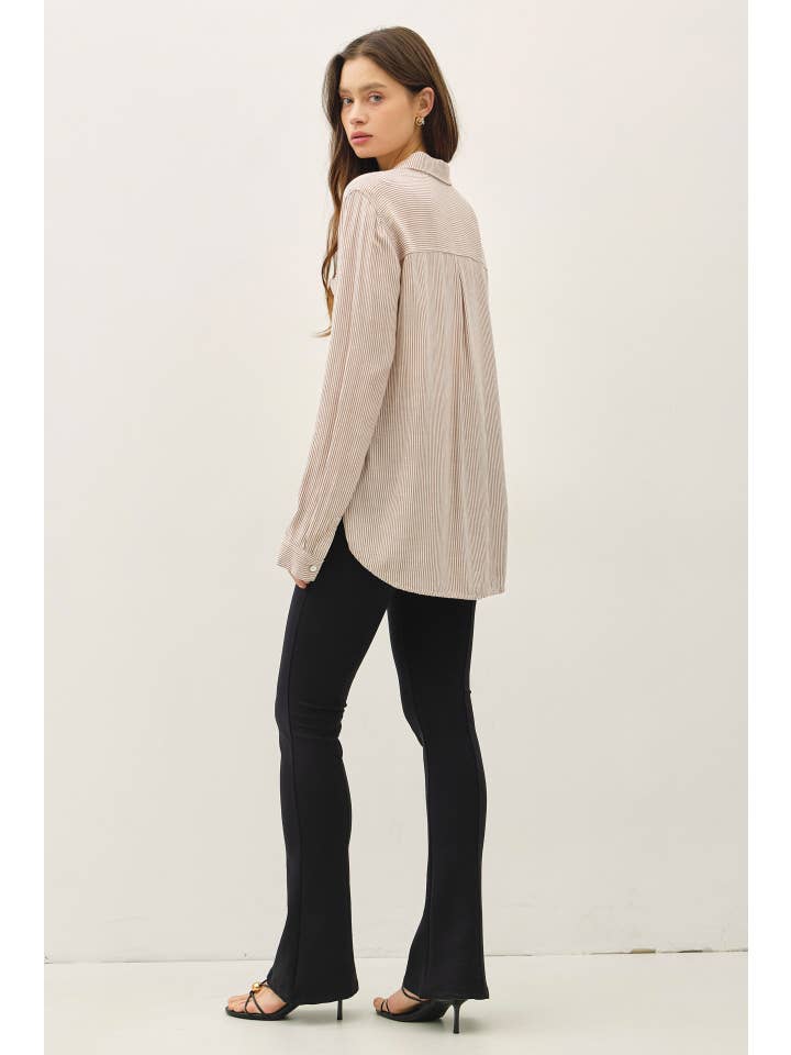 Be Cool Linen Blend Stripe Button Down in Mocha - Little Miss Muffin Children & Home