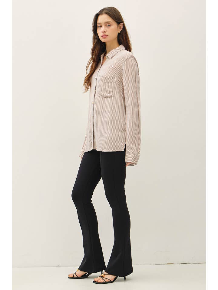 Be Cool Linen Blend Stripe Button Down in Mocha - Little Miss Muffin Children & Home